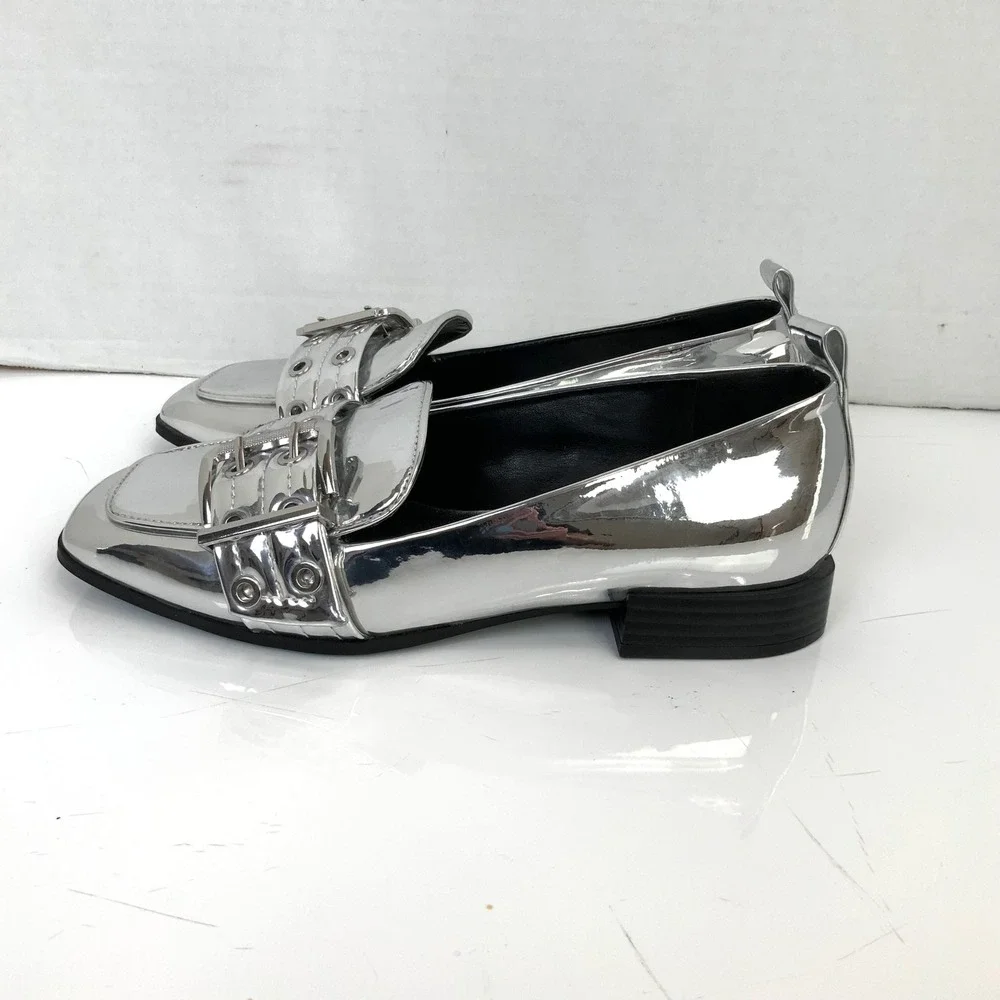 Mix No. 6 Sz 7.5 Silver Metallic Double Strap Buckle Square Toe Loafers Shoes